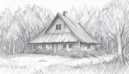 Rustic home surrounded by a flower-filled garden. Peaceful countryside house with spring flowers. Quiet cottage with blooming flowers. Elegant rural home. Vintage wooden house in scenic countryside