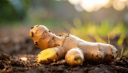 Fresh Organic Ginger Root on Earthy Ground