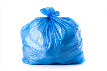 Blue plastic garbage bag filled with trash, tied and placed on a clean surface, symbol of waste management and recycling awareness, isolated on white background.