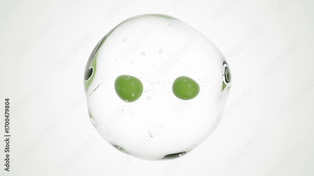 Poster transparent liquid 3d droplet with two green cores and tiny air bubbles inside floating on white sur