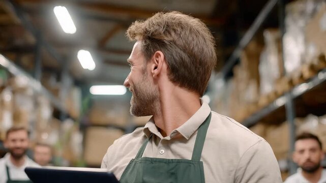 Smiling warehouse employee with a tablet in his hands. Happy storekeeper or shop worker in an apron.
