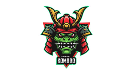 Obraz premium A green dragon head mascot wearing a red samurai helmet with gold accents and sharp teeth on a white background.