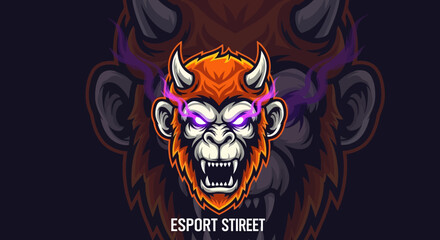 Angry orange monkey mascot with horns and glowing eyes, suitable for esports or gaming branding.