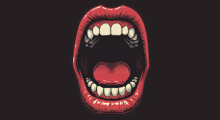 Fototapeta premium Wide open mouth vector illustration with halftone effect and red lips