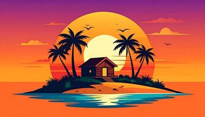 A vibrant sunset paints the sky above a tropical island home, with palm trees and a cozy cabin, evoking a serene and peaceful mood.
