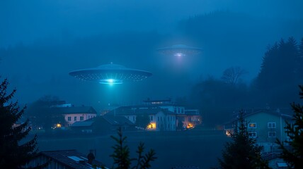 Mysterious glowing lights hover over a dark foggy forest village at night creating an eerie and otherworldly atmosphere