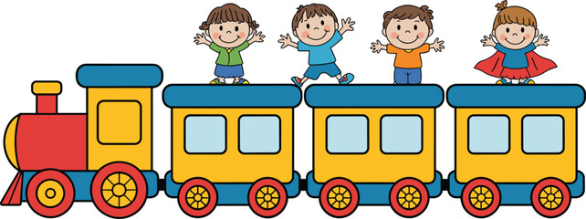 Happy cartoon children standing on colorful train, educational transport illustration, kids enjoying ride, fun and learning through playful journey © Hey this is Tazim