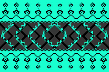 Traditional Ukrainian cross-stitch pattern with geometric patterns, floral motifs,pixelated vector.fabric print design.embroidery style illustration, abstract pixel art.Green, black tone lace pattern