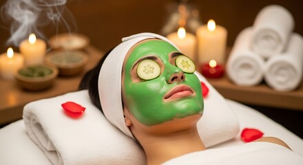 Woman receiving facial mask treatment at spa for skincare and wellness relaxation day