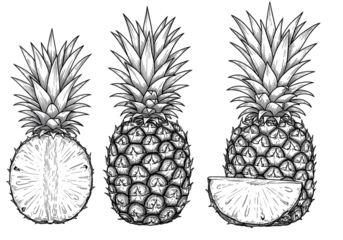 Illustration Of Three Pineapples One Sliced Monochrome Isolated On White Background