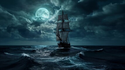 Mysterious sailing ship navigates choppy dark ocean waters under a luminous full moon and dramatic stormy clouds