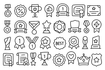 Hand drawn reward icons set, doodle badges and medals, trophy sketch, award certificate, star symbol, winner ribbon, achievement crown, champion badge illustration for success and recognition