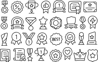 Hand drawn reward icons set, doodle badges and medals, trophy sketch, award certificate, star symbol, winner ribbon, achievement crown, champion badge illustration for success and recognition