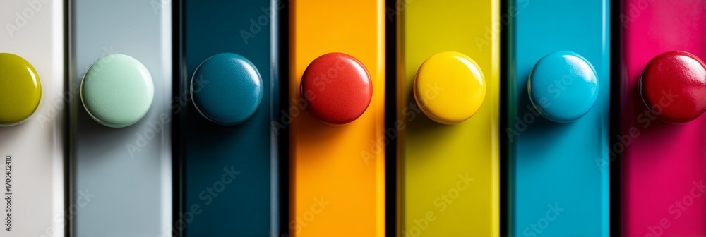 Poster Vibrant array of colorful knobs against a smooth surface, showcasing modern design elements and appealing aesthetics for home decor and creative spaces to inspire creativity.