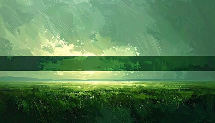 A serene landscape painting, showcasing a vast grassy plain under a soft green sky with a horizontal band of deep green across the middle.