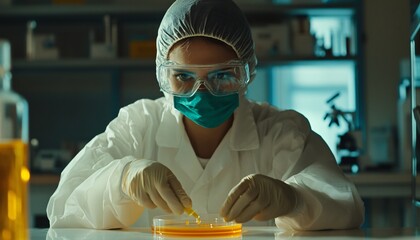 A female scientist wearing protective gear works in a laboratory setting, precisely pipetting a yellow substance into a petri dish for analysis.