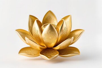 A surreal, simple 3d artwork of Golden lotus illustration with mandala-style petals, elegant art, white background