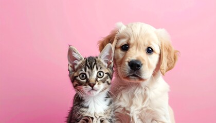 A captivating image of a playful kitten and puppy, set against a vibrant pink background, highlighting the adorable connection between these two furry companions.