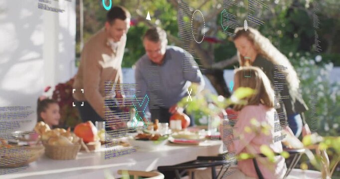 Family members approaching patio table and arranging dishes with animated labels for food marketing