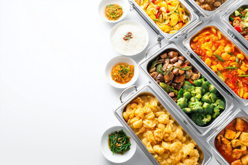 Assorted buffet dishes in stainless steel trays, including meats, vegetables, rice, and sauces, displayed in a catering setup with serving spoons and plates, isolated on white background.