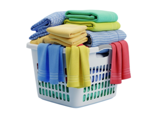 Laundry basket full of clean, folded towels isolated on transparent background