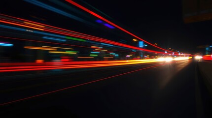 Dynamic long exposure light trails from cars on a city road at night, showcasing speed and motion.