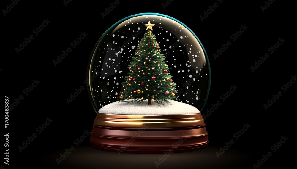 Poster a 3d rendering of a snow globe featuring a decorated christmas tree, surrounded by falling snowflake