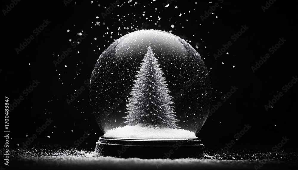 Poster a snow globe featuring a small evergreen tree is shown on a black background with artificial snow fa