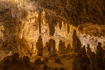 Limestone stalactites and stalagmites fill the caves of Carlsbad Caverns National Park, New Mexico.