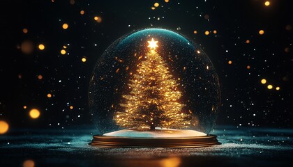 A glowing Christmas tree sits inside a glass snow globe; sparkly lights and falling snow surround it.