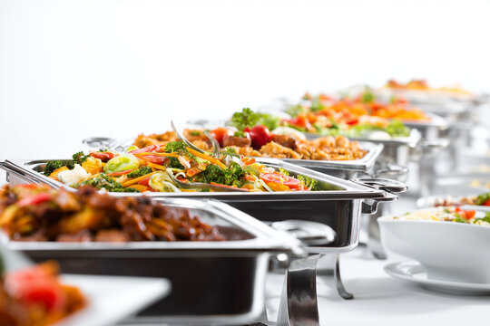 Assorted buffet dishes in stainless steel trays, including meats, vegetables, rice, and sauces, displayed in a catering setup with serving spoons and plates, isolated on white background.