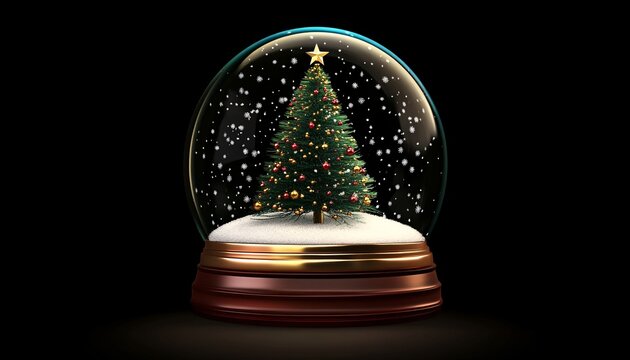 A 3D rendering of a snow globe featuring a decorated Christmas tree, surrounded by falling snowflakes against a black background.