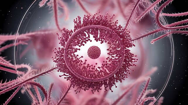 Microscopic view of a human ovum or egg cell surrounded by corona radiata cells and zona pellucida in a scientific medical illustration