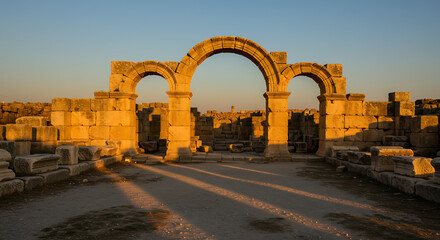 "Golden hour photography of ancient stone ruins, bathed in warm sunset light, highlighting the weathered textures of carved pillars, broken arches, and cracked walls. The scene conveys timeless beauty