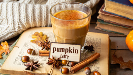 Cozy autumn still life with a cup of spicy pumpkin latte on open old book with acorns, leaves, pumpkin. Warm fall drink, knitted jacket, old book, acorns. Atmosphere of comfort, hygge. Fall aesthetic