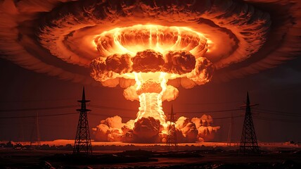 Massive nuclear mushroom cloud explosion erupting with intense fiery orange and yellow flames illuminating the dark sky above a silhouetted landscape