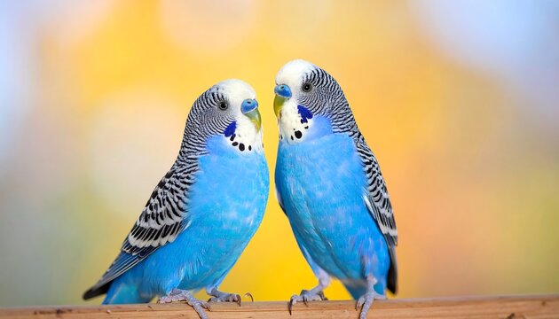 Two blue parakeets facing each other