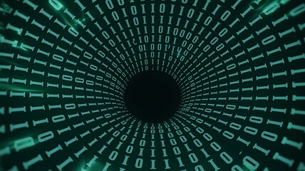 Abstract digital tunnel of glowing green binary code data streaming into a dark void representing technology and information flow