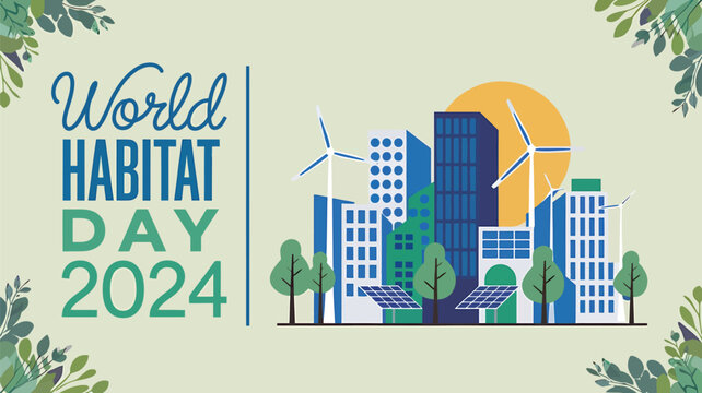 Vector art of world habitat day 2024 illustration with an ecofriendly cityscape, wind turbines, solar panels, and decorative foliage on a light green background