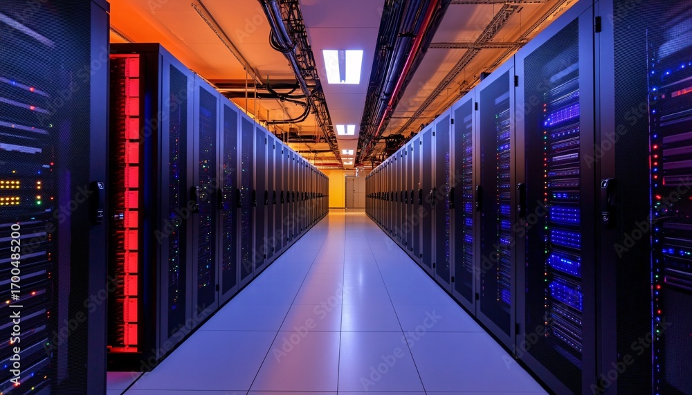 Poster the image shows a long hallway in a data center, filled with rows of dark-colored rack servers that 