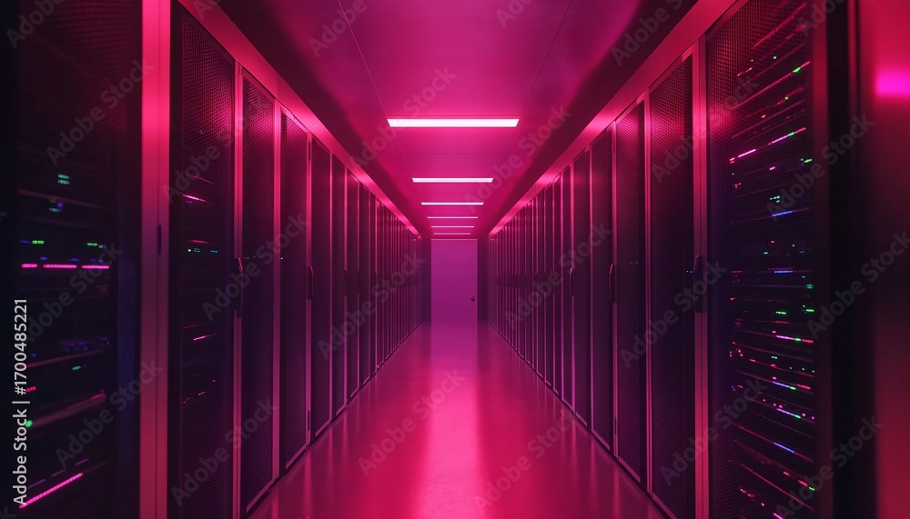 Poster the image shows a long corridor in a server room, with rows of metal server racks on either side, il