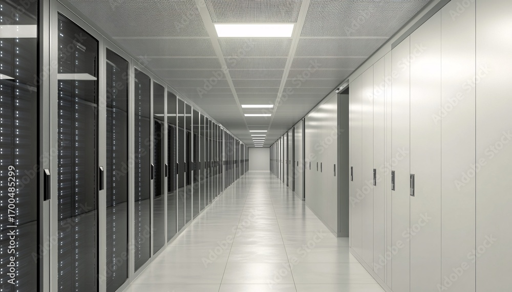 Poster the image shows a long hallway in a data center, featuring rows of dark server racks with glass door