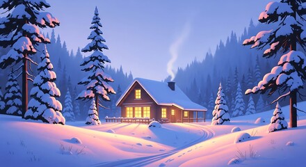 Cozy snow covered cabin nestled in a winter wonderland surrounded by snowy evergreen trees under a soft glow of sunlight