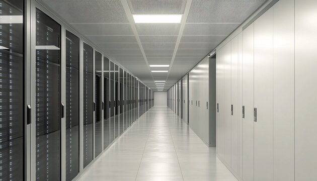 The image shows a long hallway in a data center, featuring rows of dark server racks with glass doors and white walls and floor.