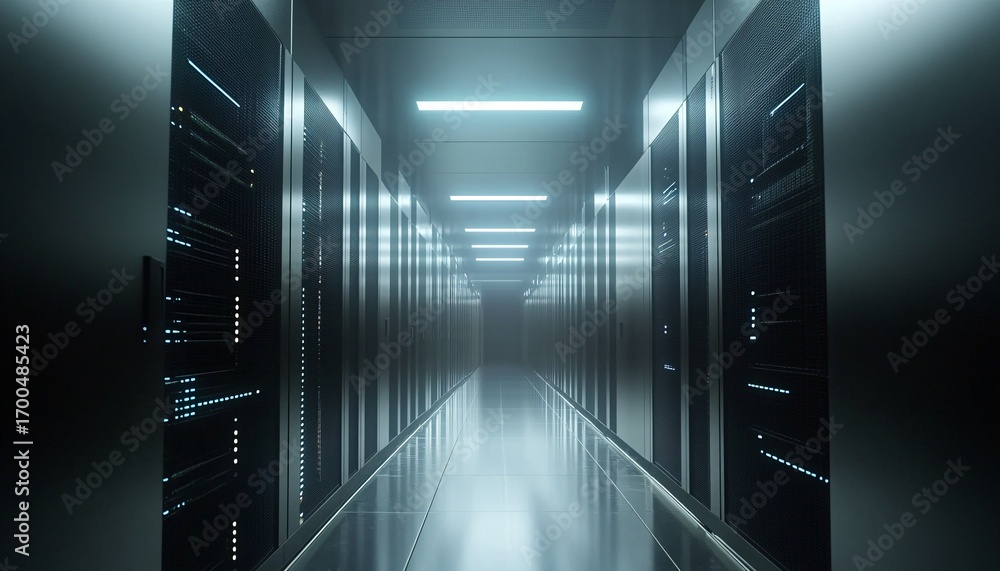 Poster the image shows a long hallway in a data center; rows of dark gray server racks with mesh fronts lin