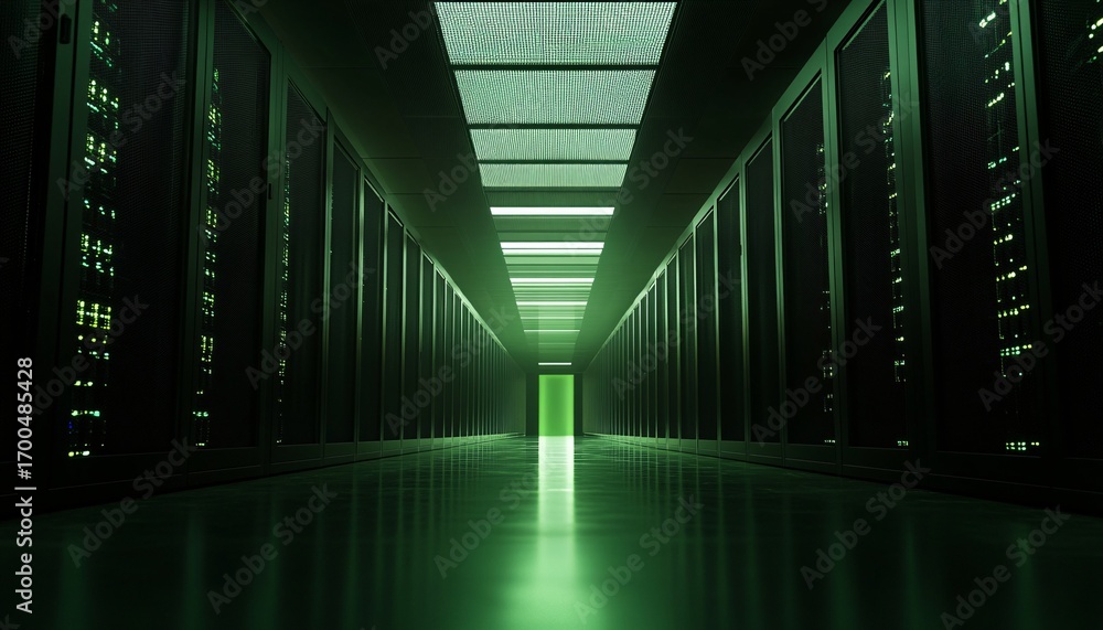 Poster the image shows a long corridor in a server room, lined with dark green racks and illuminated by gre