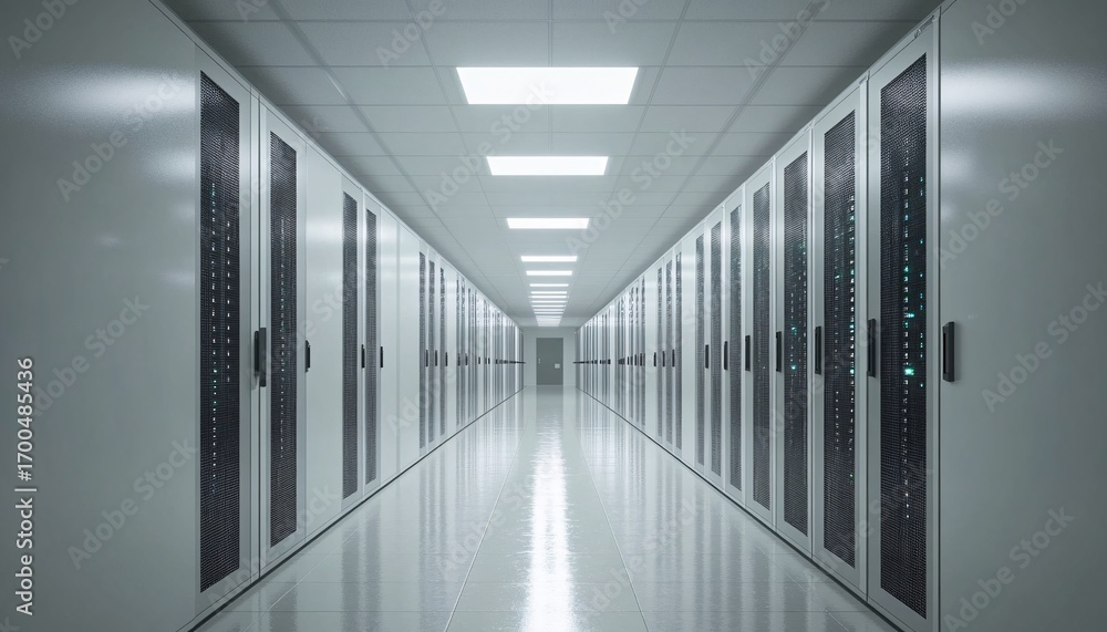 Poster the image shows a long corridor in a data center, with rows of metal server racks on either side and