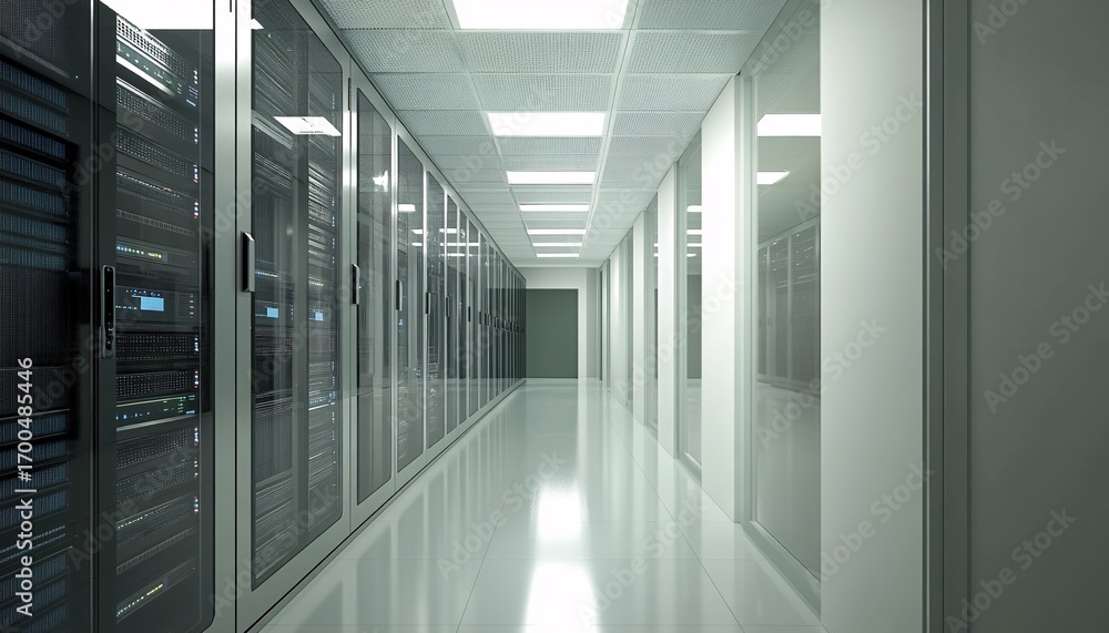 Poster the image shows a long corridor in a data center; rows of glass-fronted server cabinets are visible 
