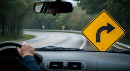 Man driving a car on a winding road with a yellow right turn sign. Concept of road safety and traffic control.