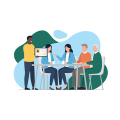 Flat Vector Illustration of Business Activities — Teamwork, Office Work, and Corporate People